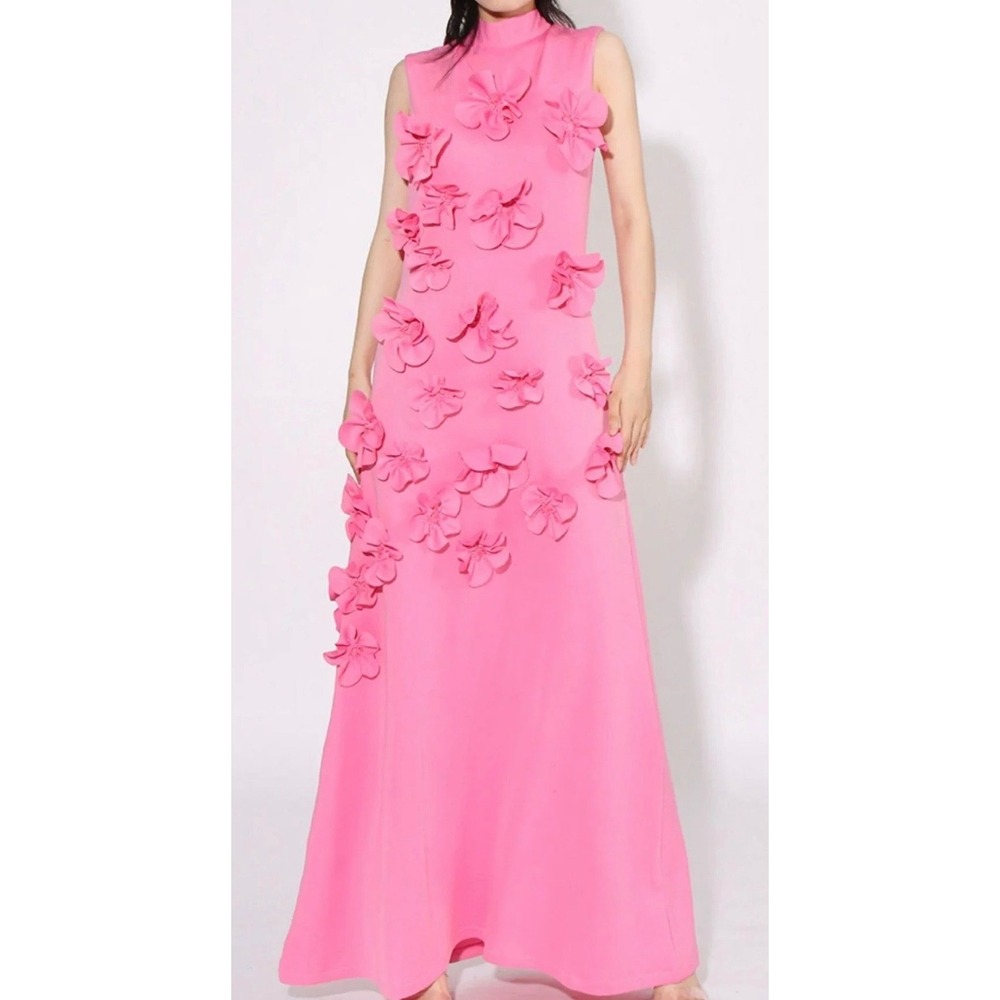 Pink 3D Floral Applique Mock Neck Sleeveless Maxi Dress with Back Sash Tie Small